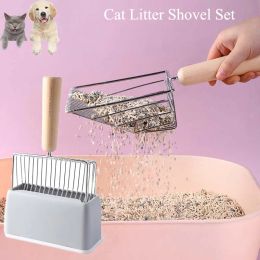 Huisbraken kattenstrooisel schep set grote roestvrijstalen kattenbakvulling 17 cm houten handgreep opbergbasis metalen poepscheppen pet cleaning tool