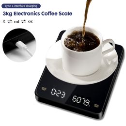 Huishoudelijke schalen 3kg 0,1G Elektronische koffieschaal met timer Handbrouwkoffie Hidden LED -scherm Laadschaal Huishoudelijke keukenaccessoires 230426