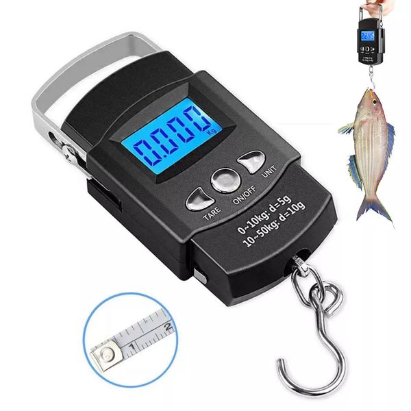 Balances Ménagères 50kg 10g Portable LCD Balance Électronique À Main Voyage Suspendu Poisson avec 100cm De Long Ruban À Mesurer Rétractable 230714