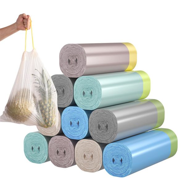 Bolsas de basura de color con cordón engrosado para el hogar Cordón de protección para plantas Cuello automático Bolsa de plástico portátil engrosada desechable para venta al por mayor