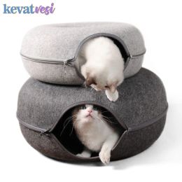 Maisons beignet lits de chat tunnel de lit interactif de lit de lit pour 2 chats en feutre chat à moitié fermée