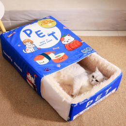 Maisons style japonais entièrement fermé Biscuit Biscuit Pet Cat Bed Rectangular Tire Out Snack Kitten ressemblant à une cave de coussin de maison de chat sécurisée