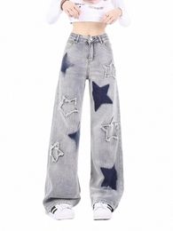 Houzhou American Retro Y2K Jeans Mujeres Estrella Borde crudo Empalme Pantalones de mezclilla de pierna ancha suelta Mujer Pantalones bordados azules B5JP #