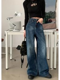 Houzhou Baggy Blue Jeans Femmes Vintage Vintage 90S Ligne large pantalon denim coréen streetwear y2k gyaru haut taille jeans Acubi Fashion