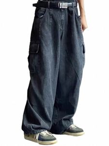 Houzhou Baggy Jeans pour hommes Pantalon cargo en denim noir Pantalon large Pantalon cargo surdimensionné Coréen Streetwear Hip Hop Harajuku P8fn #