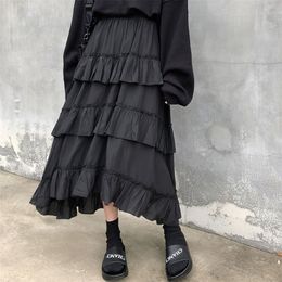 Houzhou Zwart Lange Rokken Dames Gothic Hoge Low Ruches Ruche Tailled Asymmetrische Midi Rok Koreaanse Mode Goth Grunge 220317