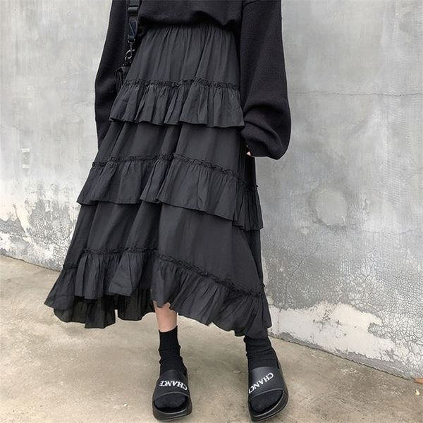 HOUZHOU noir jupes longues femmes gothique haut bas froncé à volants taille asymétrique jupe mi-longue mode coréenne Goth Grunge 220317