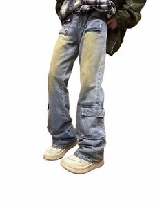 Houzhou Bootcut Jeans Mannen Flare Broek Hip Hop Distred Denim Cargo Broek Mannelijke Lage Taille Casual Japanse Streetwear Pocket t72f #