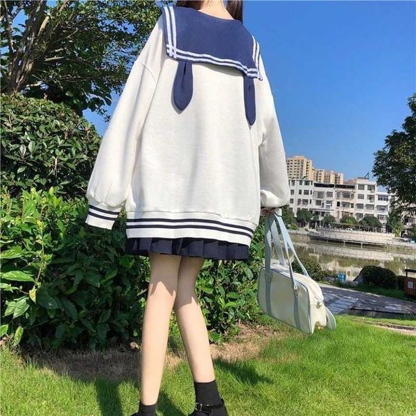 Sudaderas con capucha de conejito HOUZHOU para mujer, Tops bonitos Kawaii con Orejas de conejo, ropa informal japonesa, cuello de marinero estético para chica suave, escuela orm X0721