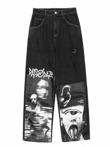 Houzhou Gothic Baggy Jeans Vrouwen Punk Hippie Streetwear Print Y2K Wijde Pijpen Broek Harajuku Grunge Denim Broek Vintage jaren 90 X4jC#