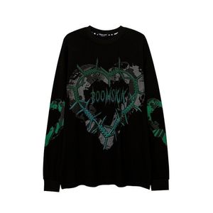 HOUZHOU Gothique Punk Vert Imprimé À Manches Longues T-shirt Grunge Surdimensionné Harajuku Streetwear O-cou Noir Top Pull 220307