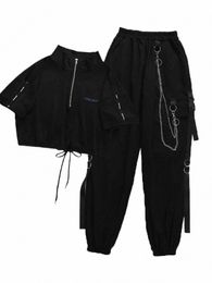 Houzhou Gothic Vrouwen Zwarte Cargo Broek Harajuku Punk Keten Broek Vrouwelijke Hip Hop Mall Goth Streetwear Techwear Egirl Grunge G1xu #