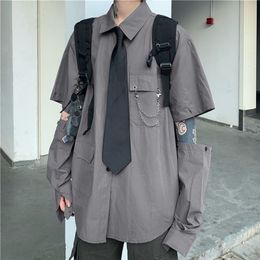 Houzhou Gray Shirts Dames Harajuku Afneembare Mouw Oversized BF Gotische Blouse met Tie Vintage Streetwear Punk Herfst Shirt 220407