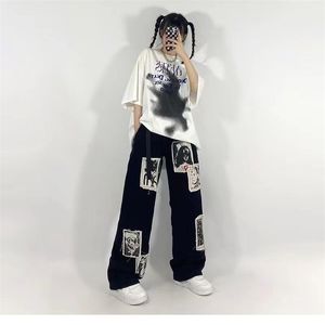 HOUZHOU Grunge Punk Patchwork Noir Jean Hip Hop Streetwear Imprimer Surdimensionné Jambe Large Pantalon 90s Vintage Mode Pantalon 210809