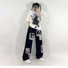Houzhou Grunge Punk Patchwork Black Jeans Dames Hip Hop Streetwear Print Oversize Wide Leg Broeken 90s Vintage Mode Broek 210922