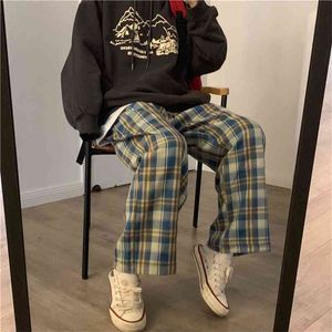 Houzhou Harajuku Pantalon à carreaux surdimensionné Pantalon à jambes larges Femme Style coréen Taille haute Pyjama à carreaux Printemps Été 210721