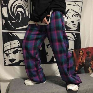 Houzhou Harajuku Plaid Broek Dames Straat Stijl Koreaans Wide Been Paars Oversize Gecontroleerde Broek voor Vrouwelijke Esthetische 210915