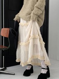 Houzhou coréen en dentelle longue jupe femme vintage mignonne haute taille lâche fée