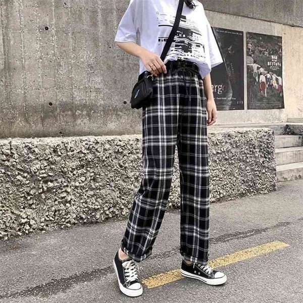 Houzhou Style coréen Pantalon à jambes larges Femmes Mince Summer Plaid Plus Taille Pantalon surdimensionné à carreaux taille haute 210925