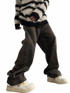 Houzhou Leopard Jeans pour hommes Denim Pantalons Homme Oversize Pantalons larges Streetwear Hip Hop Vintage Vêtements Lâche Casual d8Cy #