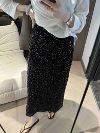 HOUZHOU longue jupe à paillettes femmes automne coréen taille élastique élégant dos fendu mince Aline avec paillettes soirée 240106