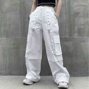 HOUZHOU Mall Goth Blanc Cargo Pantalon Femmes Gothique Harajuku Hippie Streetwear Chaîne Punk Pantalon Lâche Baggy Surdimensionné Style Coréen 211124