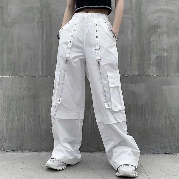 HOUZHOU Mall Goth Blanc Pantalon Cargo Femmes Gothique Harajuku Hippie Streetwear Chaîne Punk Lâche Pantalon Baggy Surdimensionné Style Coréen 211105