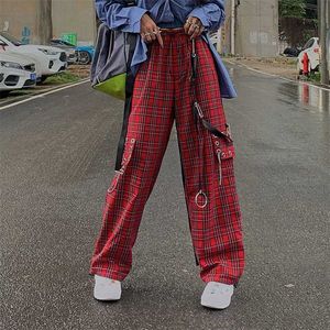 HOUZHOU Punk Cargo Plaid Pantalon Femmes Gothique Harajuku Rouge À Carreaux Large Jambe Pantalon Pour Femme Automne Streetwear Hippie Mode 211115