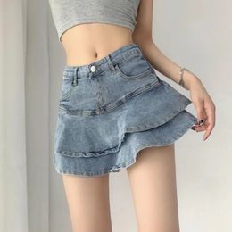 Houzhou Sexy Ruffle Mini jupe denim Femmes Summer Vintage mignon Patchwork A-Line A-Line Jeans Jupe Gyaru Streetwear 231227