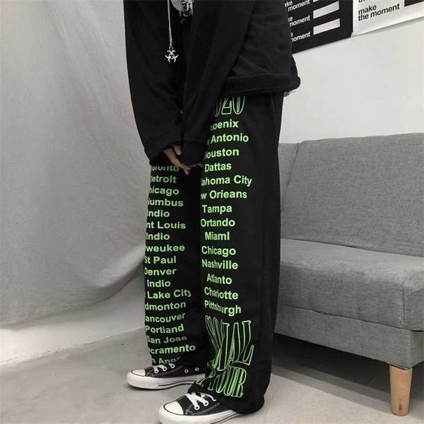 Houzhou Streetwear Pantalones de pierna ancha Mujeres Baggy Harajuku Street Style Black Print Pantalones de cintura alta Moda coreana Goth Palazzo 211124