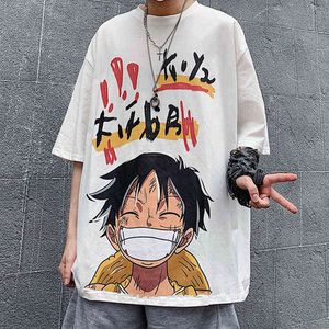 Houzhou zomer zomerkorte mouw t-shirts grafische tee witte harajuku anime one peace luffy heren kleding Japanse streetwear hiphop g220512