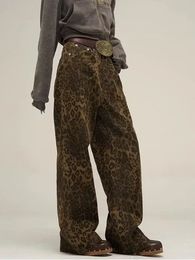 HOUZHOU Tan léopard Jean Denim pantalon femme surdimensionné jambe large pantalon Streetwear Hip Hop Vintage vêtements ample décontracté 240127