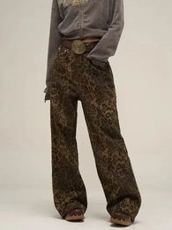 HOUZHOU Tan léopard jean femmes Denim pantalon femme surdimensionné jambe large pantalon Streetwear Hip Hop Vintage vêtements ample décontracté 240112