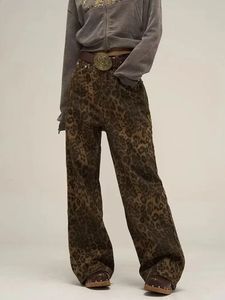 HOUZHOU Tan léopard jean femmes Denim pantalon femme surdimensionné jambe large pantalon Streetwear Hip Hop Vintage vêtements ample décontracté 240119