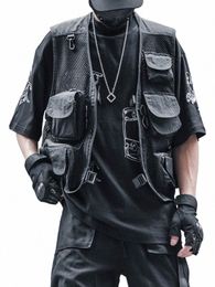 Houzhou Techwear Black Cargo Biker Gilet sans manches Débardeurs Hommes Sleevel Top Hommes Vêtements Japonais Streetwear Hip Hop f96g #