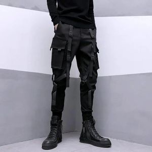 HOUZHOU Techwear pantalon Cargo noir pour hommes pantalon Cargo homme japonais Streetwear Hip Hop printemps ruban poche Harajuku mode 240111