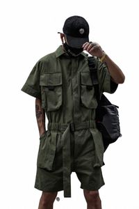 Houzhou Techwear Korte Jumpsuit voor Mannen Zwarte Body Overalls Mannen Groene Mannelijke Japanse Streetwear Zomer Zakken Hip Hop B8Vc #