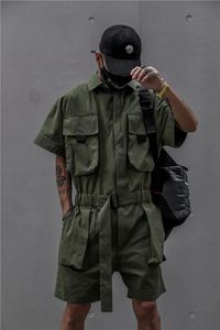 Houzhou Techwear Korte jumpsuit voor mannen Zwarte Bodysuits overalls Men Green Male Japanse Streetwear Summer Pockets Hip Hop 240511