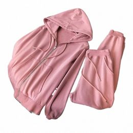 Houzhou Ensemble deux pièces pour femmes Pantalons de survêtement roses Pantalons surdimensionnés Sweat-shirts Tenue Survêtement Casual Streetwear Zipper Sports T7RD #