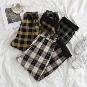 HOUZHOU Velours Pantalon Femmes Taille Haute Hiver Chaud Plaid pour Style Coréen Lâche Casual Mode Pantalon 211124