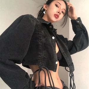 Houzhou vintage bijgesneden spijkerjas Vrouwen Spring Koreaanse mode streetwear Black Short Jean Coats Gothic Style Aesthetic Tops 240423