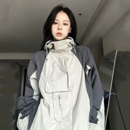 HOUZHOU Vintage vestes d'extérieur femmes Y2k Streetwear imperméable surdimensionné automne à capuche Harajuku coupe-vent manteau mode coréenne 240130