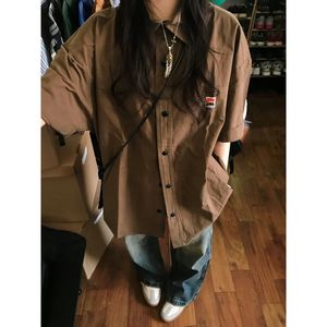 Houzhou vintage shirt met korte mouwen streetwear vrouwen oversized button up Koreaanse mode chic cool blouse esthetische hippie Japans 240523