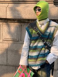 HOUZHOU-suéter Vintage para hombre, chaleco tejido sin mangas para hombre, suéteres Retro con cuello en V, ropa informal japonesa azul Harajuku 240312