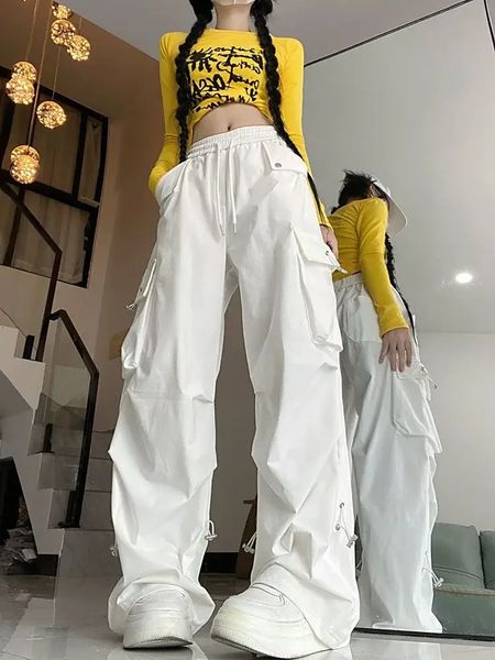 HOUZHOU Pantalon de parachute cargo blanc Y2k Baggy Kpop Pantalon plissé Style Hip Hop Surdimensionné Streetwear coréen Joggers à jambes larges 240304
