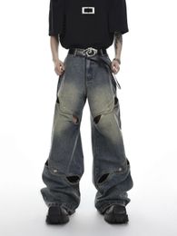 Houzhou pantalones de jeans anchos hombres streetwear holgado pantalones angustiados de mezclilla masculina hueco de hueco casual hip hop 240520