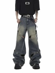 Houzhou Wide Leg Jeans Pantalons Hommes Streetwear Baggy Distred Denim Pantalon Homme Oversize Creux Out Casual Coréen Hip Hop E8Of #