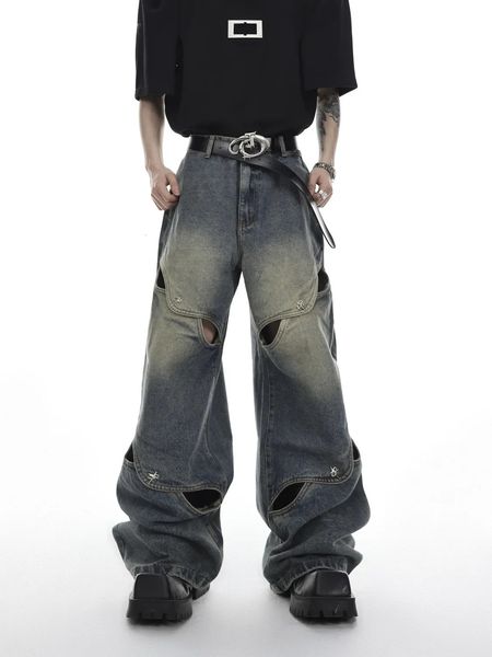 HOUZHOU large jambe jean pantalon hommes Streetwear Baggy en détresse Denim pantalon mâle surdimensionné évider décontracté coréen Hip Hop 240117