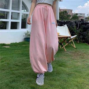 Houzhou wide poot roze broek zomer hiphop streetwear oversize sport Koreaanse mode joggers vrouwen losse hoge taille joggingbroek 211124