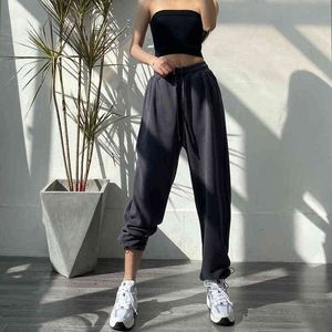 HOUZHOU femmes pantalons de sport mode coréenne surdimensionné gris Jogging pantalons de survêtement Baggy 2021 taille haute Joggers blanc pantalon femme Y211115